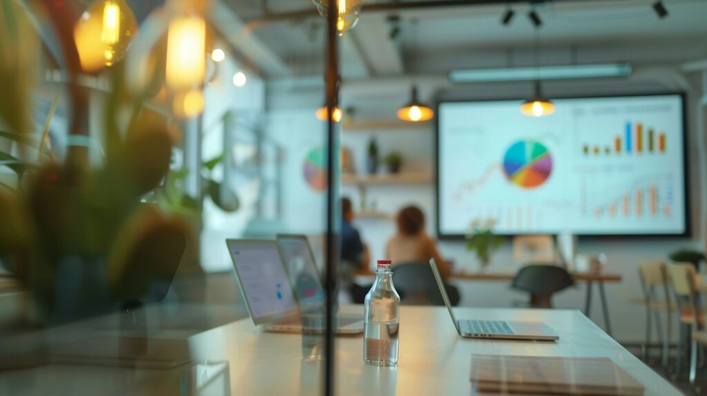 A marketing team meeting in a modern office, with blurred whiteboard and charts in the background